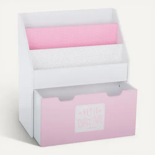 Bibliothèque Enfant Blanche et Rose Avec Bac De Rangement Sur Roulette