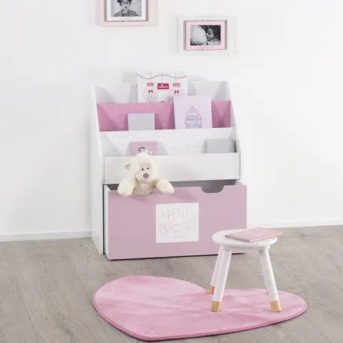 Bibliothèque Enfant Blanche et Rose Avec Bac De Rangement Sur Roulette