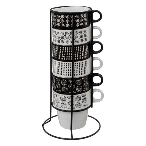Set De 6 Mugs Sur Rack "ethnik" Noir & Blanc H. 9