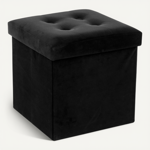 2 En 1 Pouf Pliant Et Coffre De Rangement Velours Noir 38 X 38 Cm