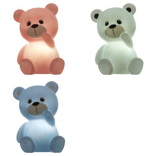 Veilleuse à piles H. 14 cm OURSON Blanc, rose ou bleu vue de face