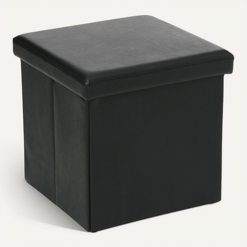 2 En 1 Pouf Pliant Et Coffre De Rangement Vinyle Noir  38 X H 37.5 Cm