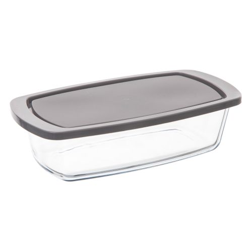 Plat à cake 27 x 14 en verre  avec couvercle gris vue 3/4