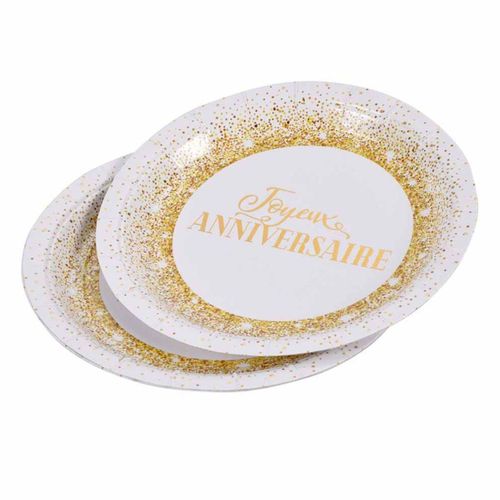 Lot De 6 Assiettes En Carton "anniversaire Gold Ii" 18cm Blanc