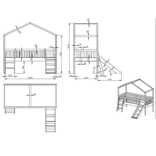 Lit Enfant Cabane, échelle et Toboggan "dallas" 90x200cm Blanc