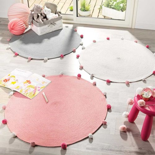 Tapis Rond Enfant "pompomparty" 90cm Rose Dragée