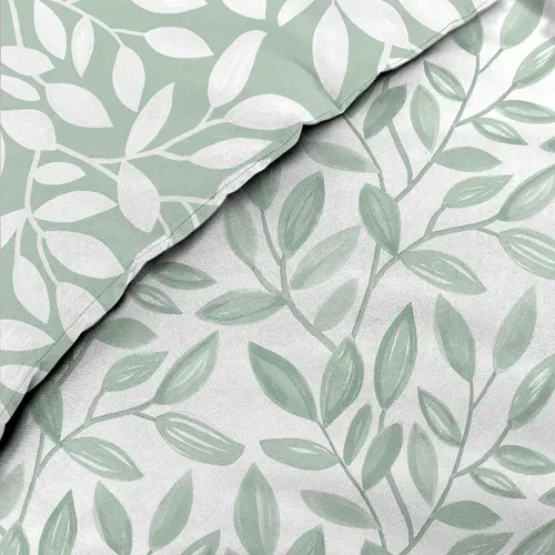 Parure De Lit 240x220 Cm + 2 Taies – Microfibre Imprimée Sequoia – Motif Feuillage Vert Sauge