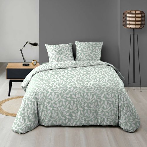 Parure De Lit 240x220 Cm + 2 Taies – Microfibre Imprimée Sequoia – Motif Feuillage Vert Sauge