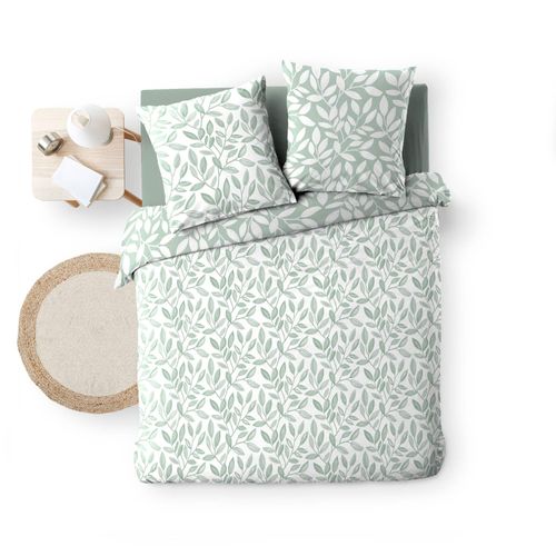 Parure De Lit 240x220 Cm + 2 Taies – Microfibre Imprimée Sequoia – Motif Feuillage Vert Sauge