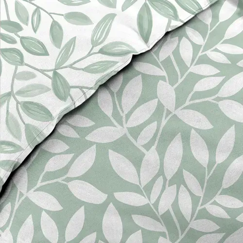 Parure De Lit 240x220 Cm + 2 Taies – Microfibre Imprimée Sequoia – Motif Feuillage Vert Sauge