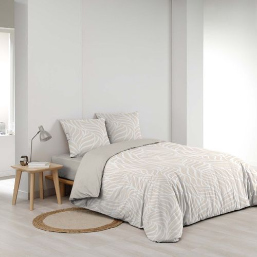 Parure De Lit 3 Pièces En Coton Feuille Design Housse + Taies - 240x220 Cm - Naturel