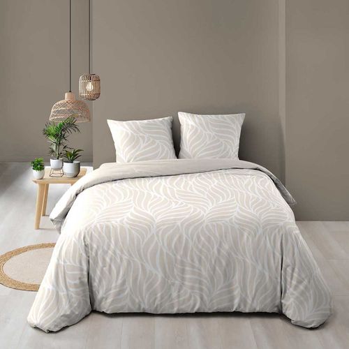 Parure De Lit 3 Pièces En Coton Feuille Design Housse + Taies - 240x220 Cm - Naturel