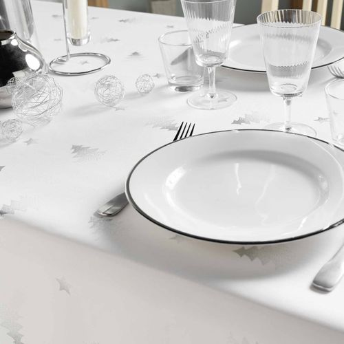 Nappe à Motifs "sapin" 150x300cm Blanc et Argent