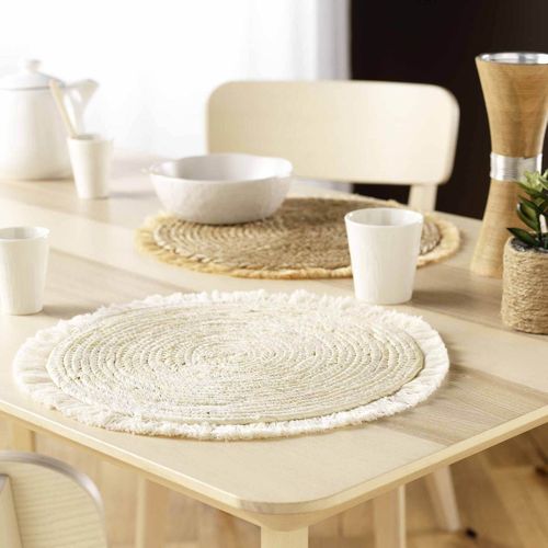 Set De Table Frangé En Jonc - D. 38 Cm - Naturel