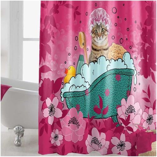 Rideau De Douche Imprimé "chatibulle" 180x200cm Rose