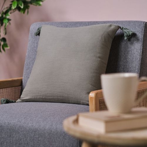 Coussin Déhoussable à Pompons Uni Gaze De Coton Indian Flowers Vert