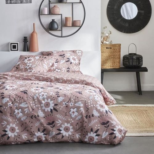 Housse De Couette 220x240 Cm 100% Coton, Motif Floral Rose, 2 Taies 63x63