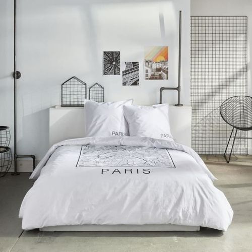 Parure De Lit - Java - 2 Personnes - 240x220 Cm - Coton - Imprimé Paris - Blanc