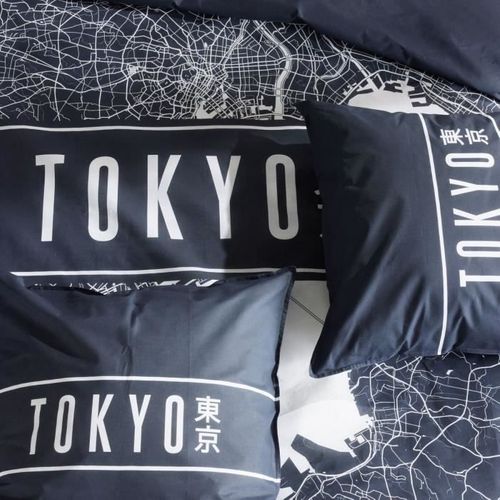 Parure De Lit - Java - 2 Personnes - 240x220 Cm - Coton - Imprimé Tokyo - Bleu Foncé