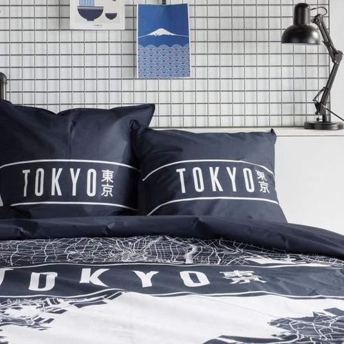 Parure De Lit - Java - 2 Personnes - 240x220 Cm - Coton - Imprimé Tokyo - Bleu Foncé