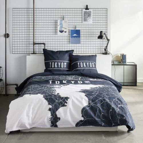 Parure De Lit - Java - 2 Personnes - 240x220 Cm - Coton - Imprimé Tokyo - Bleu Foncé