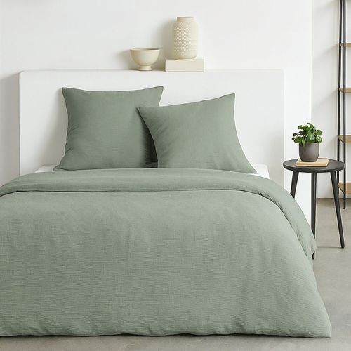 Housse De Couette 220x240 + 2 Taies 63x63 Cm - Effet Crépon Vert Sauge, 100% Polyester