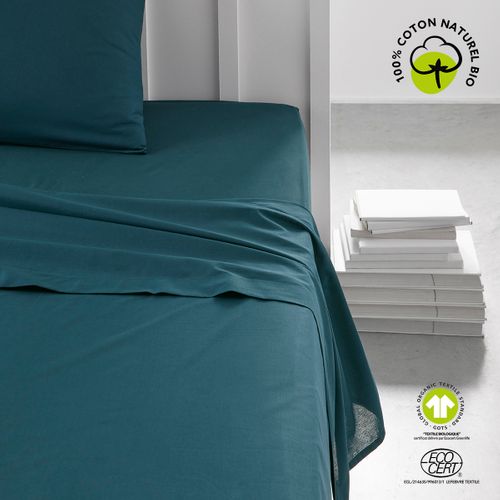 Drap Plat Lit Simple "organic" En Coton Bio - Bleu Paon - 180 X 290 Cm