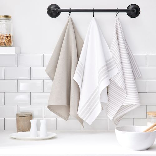 Lot De 3 Torchons Imprimé Rayures Essential Beige