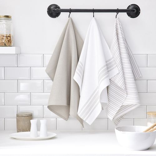 Lot De 3 Torchons Imprimé Rayures Essential Beige