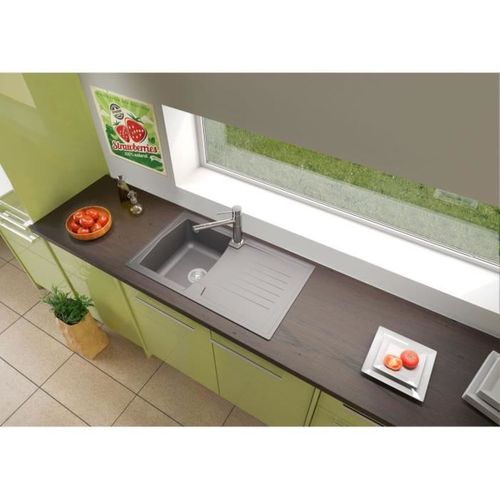 Evier Cuisine à Encastrer 1 Bac + 1 Égouttoir Arena - Résine - 86 X 50 Cm - Gris Béton