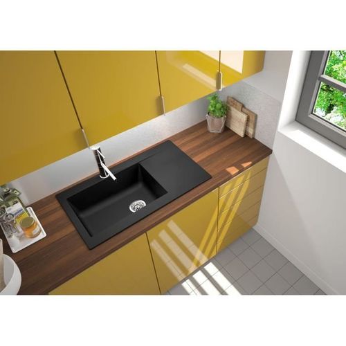 Evier Cuisine à Encastrer 1 Grand Bac + 1 Égouttoir Einna - Résine - 86 X 50 Cm - Noir