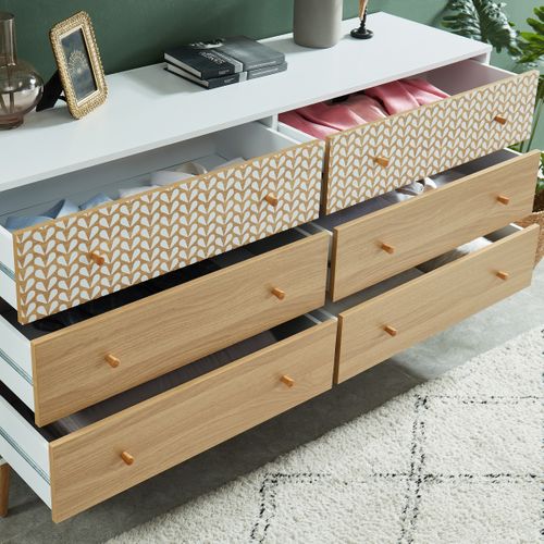 Commode Capucine Blanc Et Effet Chêne 6 Tiroirs 150cm