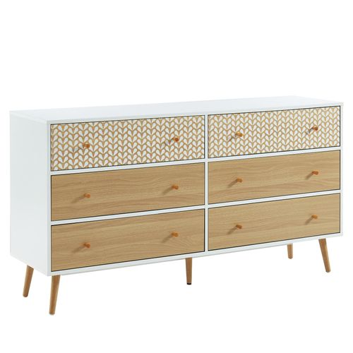 Commode Capucine Blanc Et Effet Chêne 6 Tiroirs 150cm