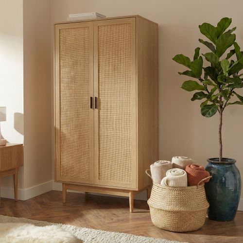 Armoire Amana  Effet Chêne Et Cannage Rotin 2 Portes
