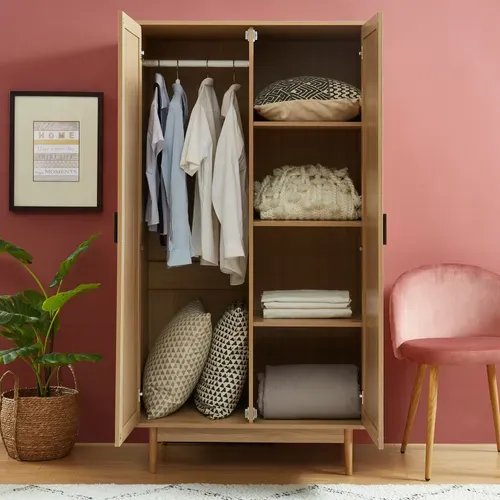 Armoire Amana  Effet Chêne Et Cannage Rotin 2 Portes