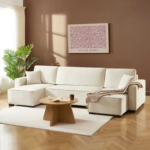 Canapé Panoramique Convertible Gavi 6 Places Tissu Beige