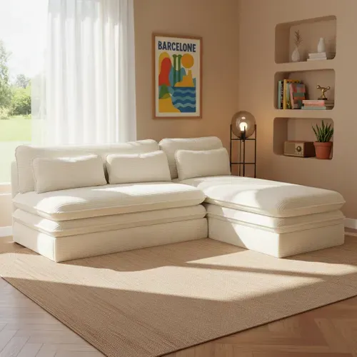 Banquette D'angle Convertible Et Réversible Noma 4 Places Velours Côtelé écru