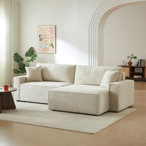 Canapé D'angle Convertible Et Réversible Zola 4 Places Velours Côtelé Beige