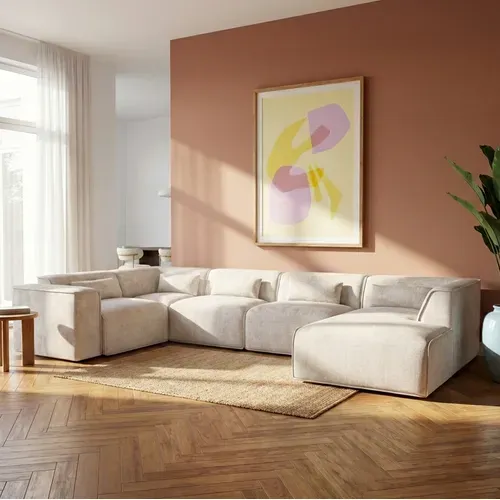 Canapé Panoramique Fixe Nuna 7 Places Chaise Droite Tissu Beige