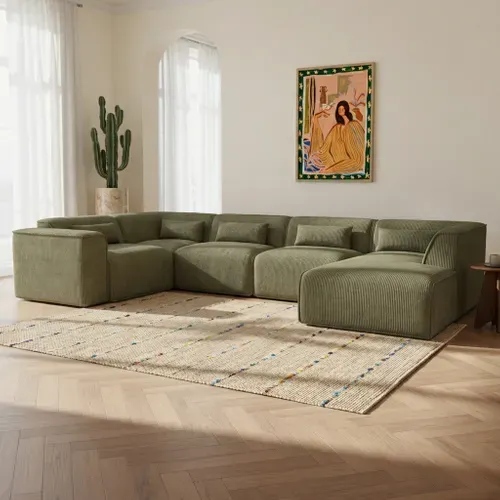 Canapé Panoramique Fixe Nuna 7 Places Méridienne Droite Velours Côtelé Vert