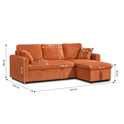 Canapé D'angle Convertible Et Réversible Aspen 4 Places Velours Côtelé Terracotta