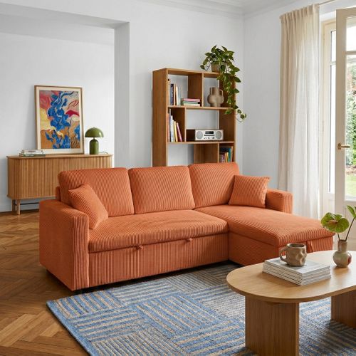 Canapé D'angle Convertible Et Réversible Aspen 4 Places Velours Côtelé Terracotta