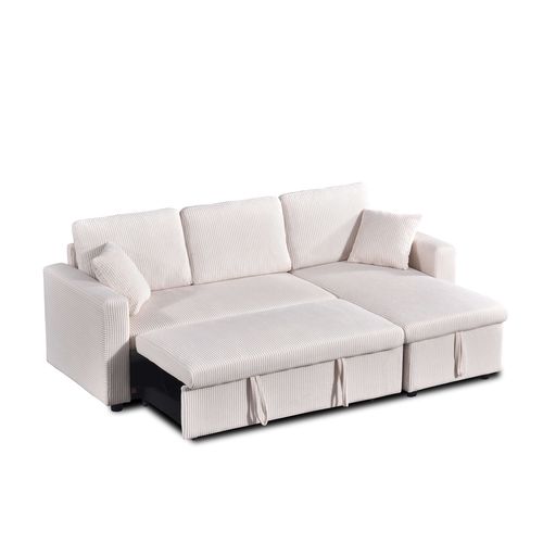 Canapé D'angle Convertible Et Réversible Aspen 4 Places Velours Côtelé Beige