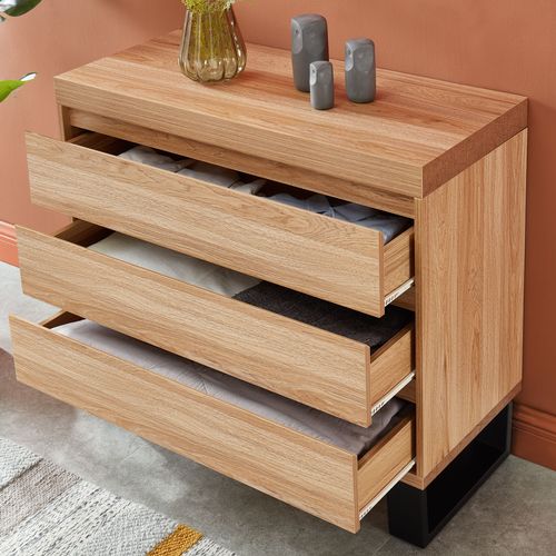 Commode Felix  Effet Chêne Et Métal Noir  3 Tiroirs