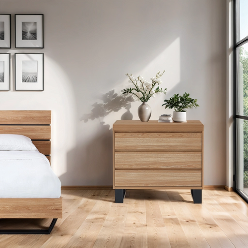 Commode Felix  Effet Chêne Et Métal Noir  3 Tiroirs