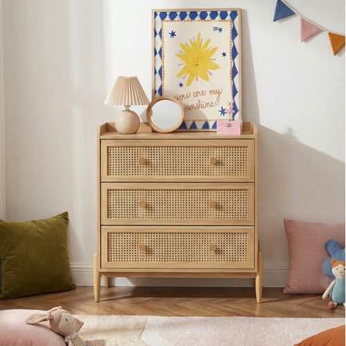 Commode Pablo Cannage Rotin Et Effet Bois 3 Tiroirs