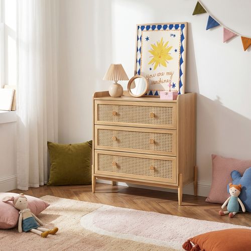 Commode Pablo Cannage Rotin Et Effet Bois 3 Tiroirs