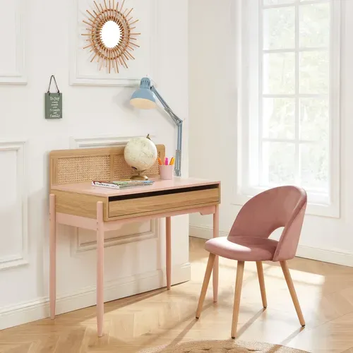 Bureau Pablo Rose Et Cannage Rotin 1 Tiroir