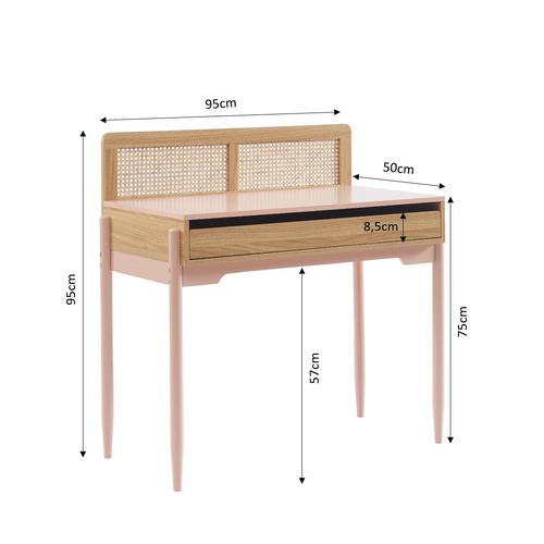 Bureau Pablo Rose Et Cannage Rotin 1 Tiroir