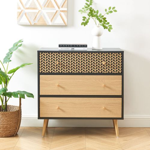 Commode Capucine  Noir Et Effet Chêne 3 Tiroirs 78cm